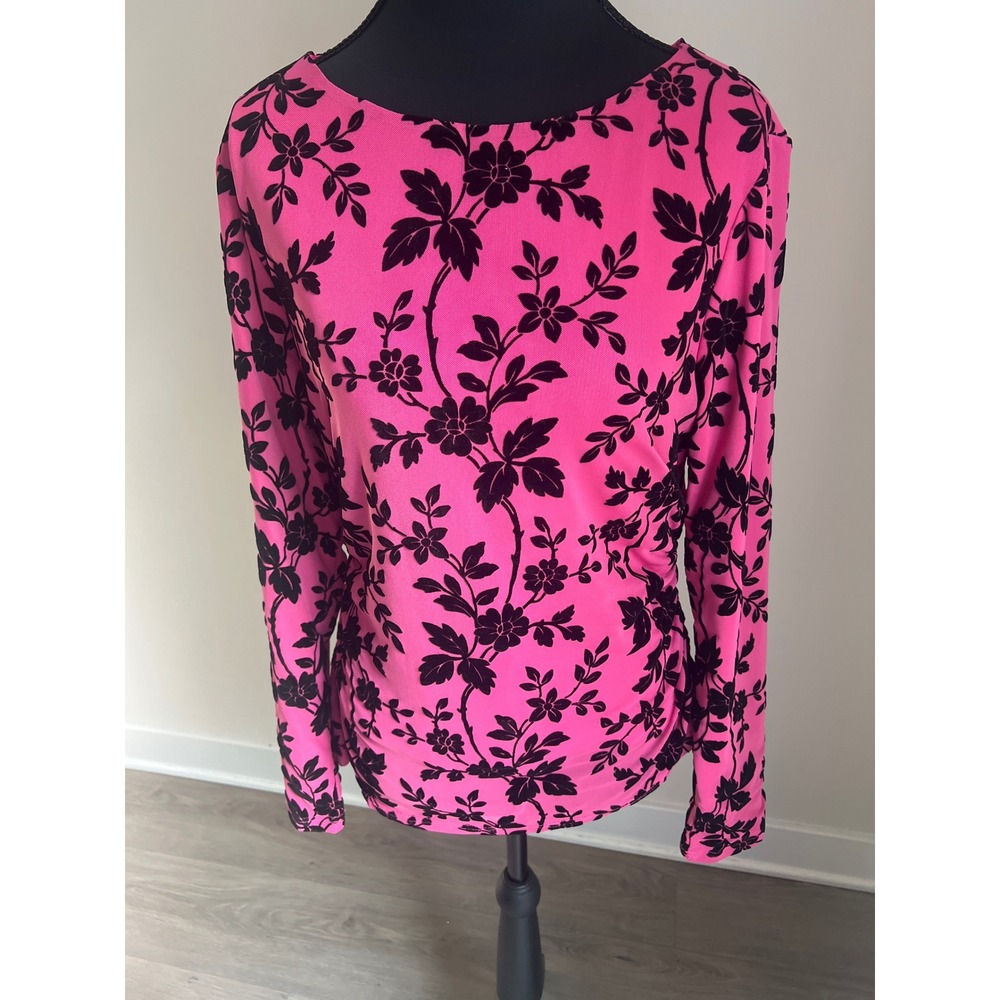 Zesica Women's Hot Pink Black Velvet Floral Burnout Mesh Lined Ruched Top Large